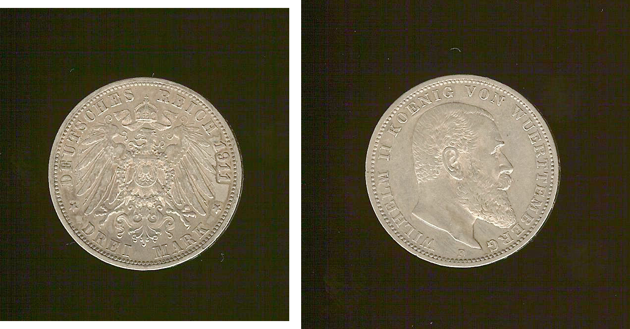 ALLEMAGNE - WURTEMBERG 3 Mark Guillaume II 1911F SUP